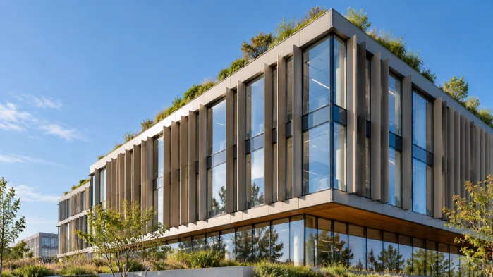 Gevel met beglazing en buitenzonwering als illustratie van de gebouwschil